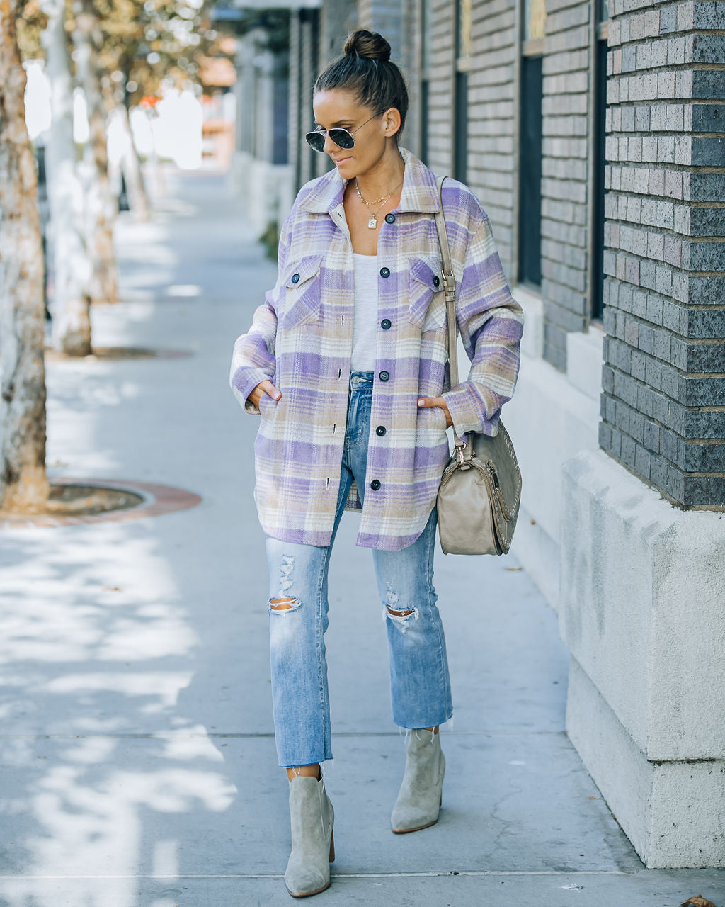 Faustina Pocketed Plaid Shacket - Lavender