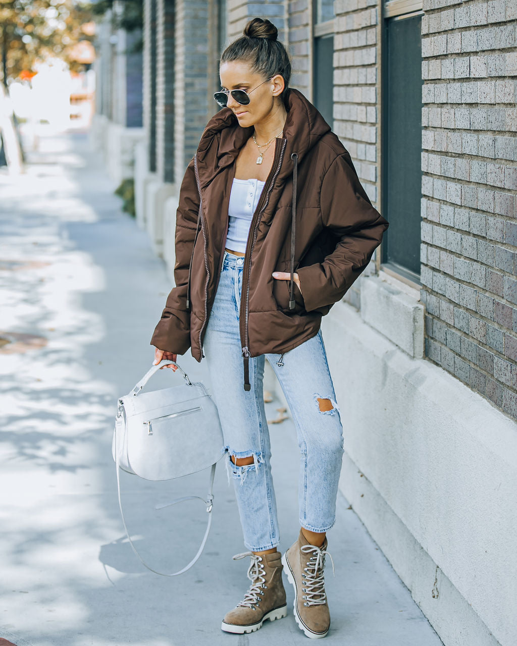 Stay Awhile Pocketed Hooded Puffer Jacket - Chocolate