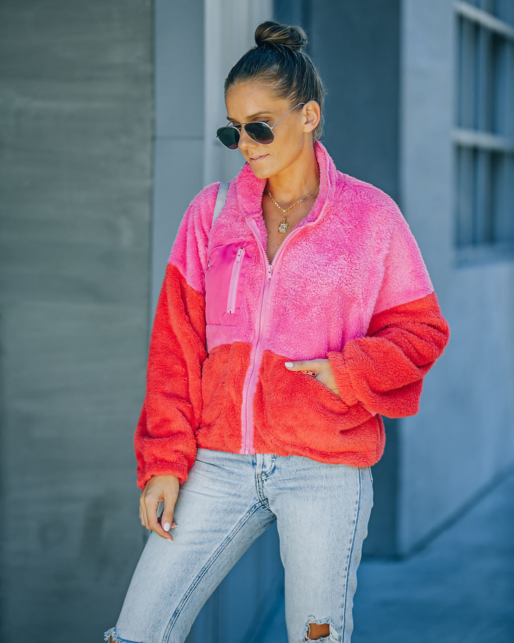 Nava Pocketed Colorblock Zip Up Jacket - Pink