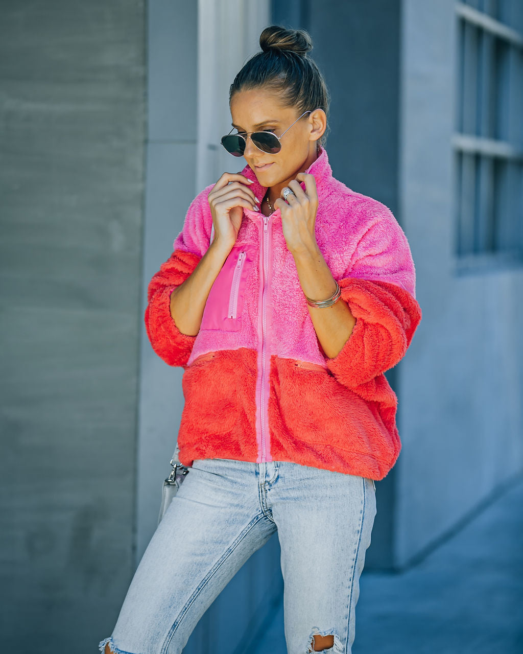 Nava Pocketed Colorblock Zip Up Jacket - Pink