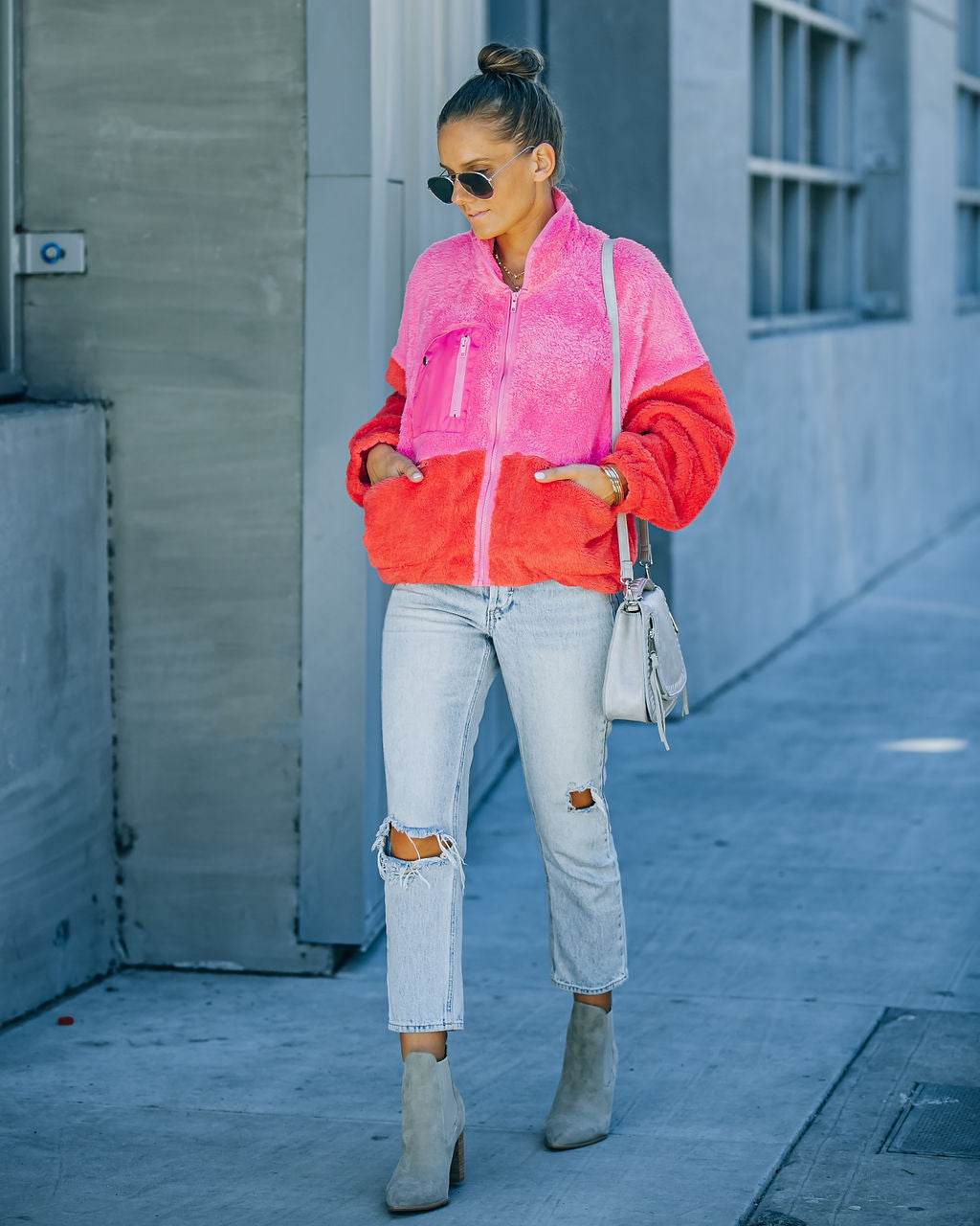 Nava Pocketed Colorblock Zip Up Jacket - Pink