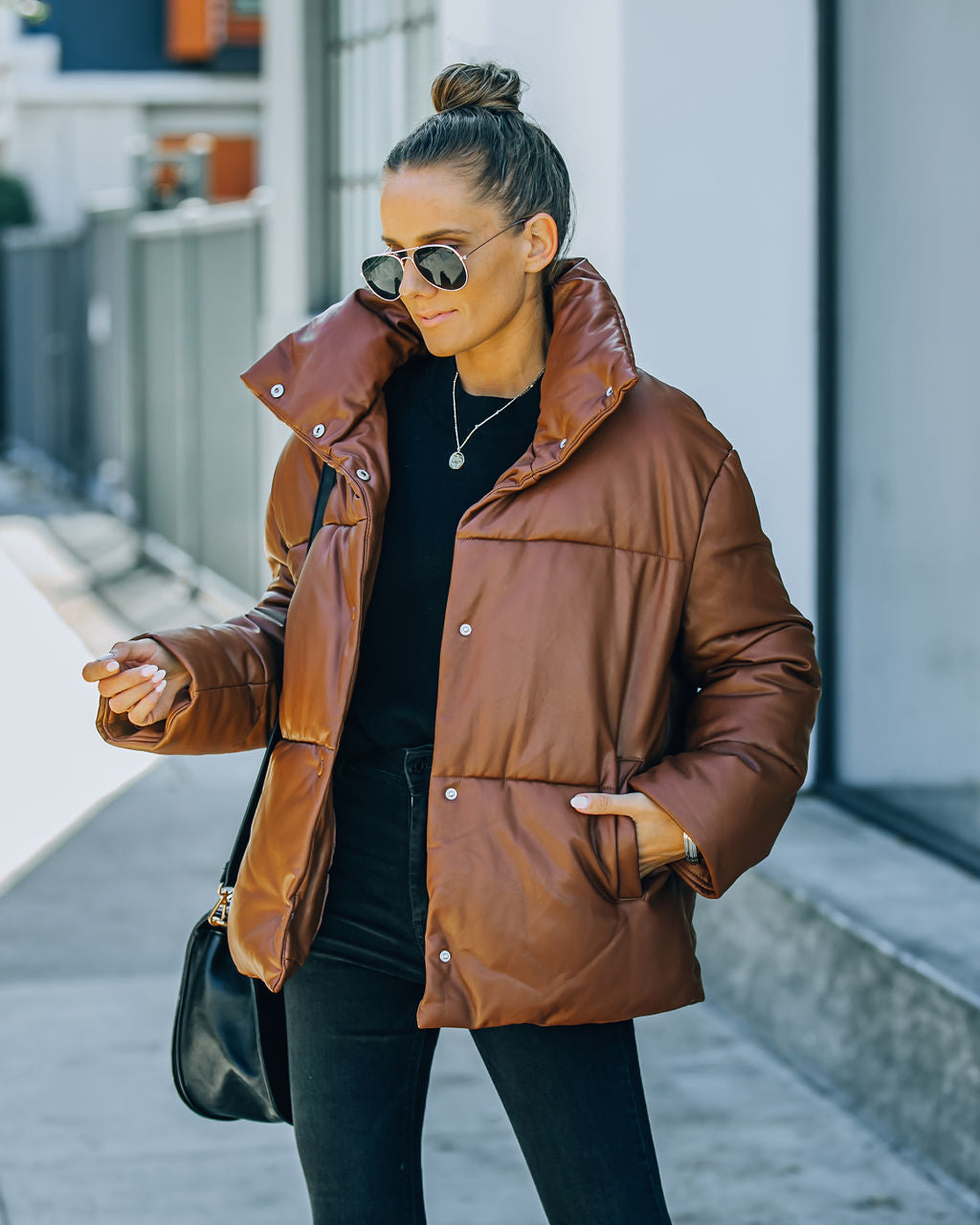 Cade Pocketed Faux Leather Puffer Jacket - Brown