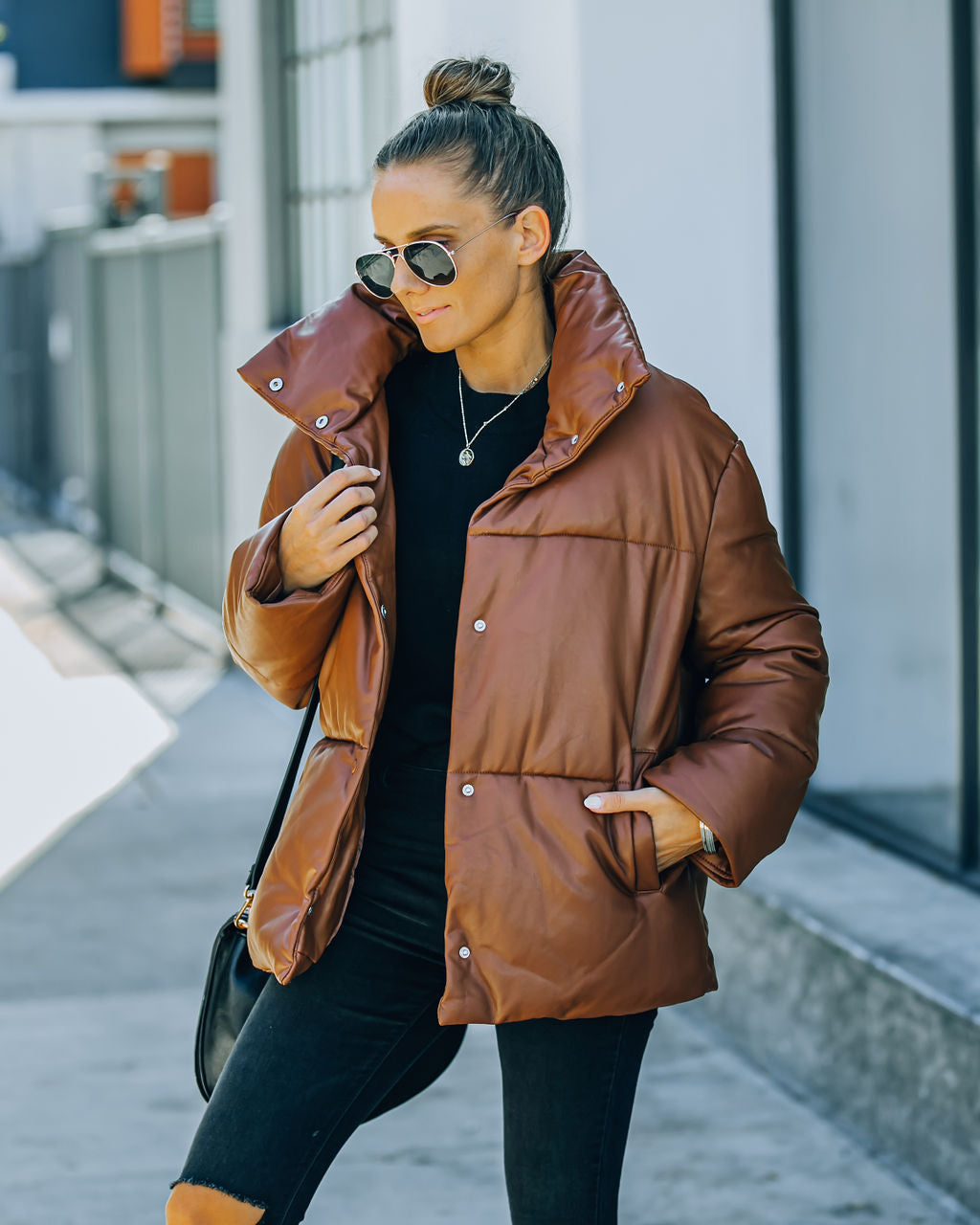 Cade Pocketed Faux Leather Puffer Jacket - Brown