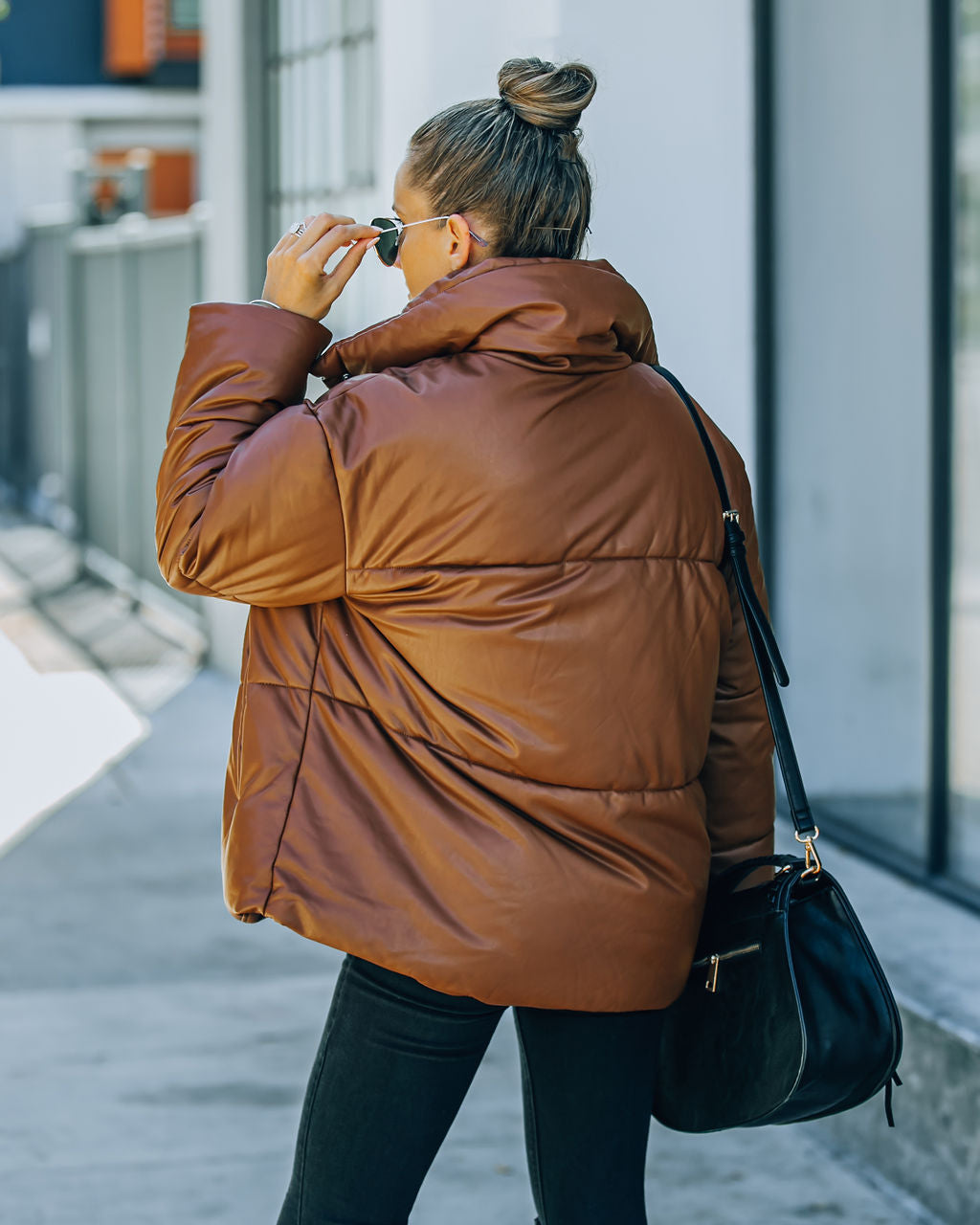 Cade Pocketed Faux Leather Puffer Jacket - Brown