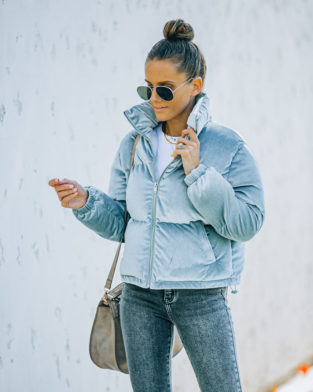 Powder Pocketed Velvet Puffer Jacket - Dusty Blue