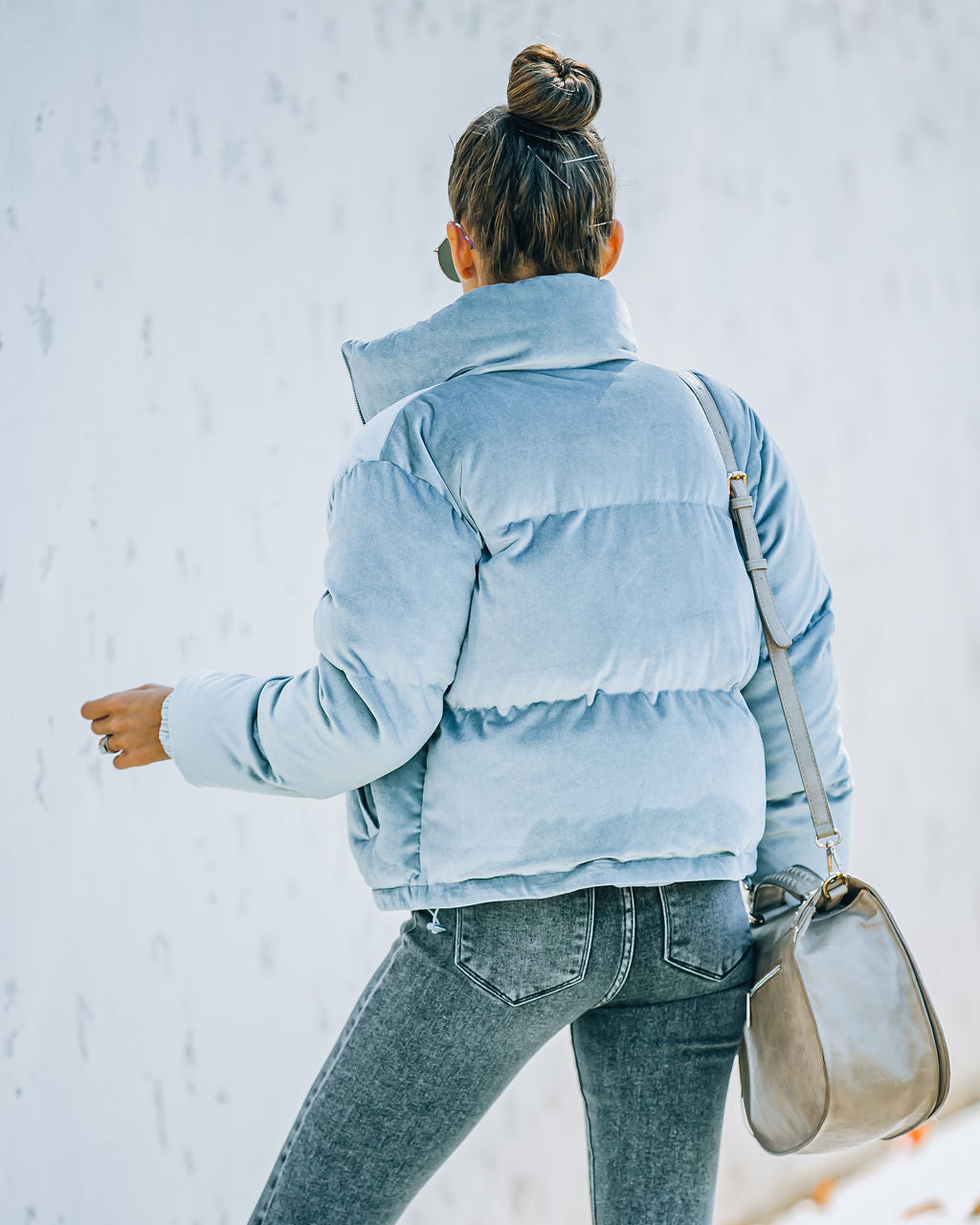 Powder Pocketed Velvet Puffer Jacket - Dusty Blue