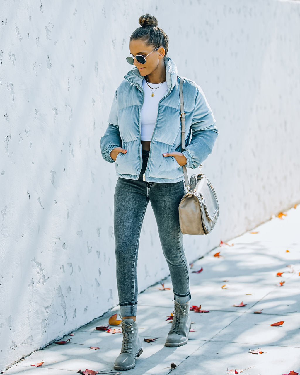 Powder Pocketed Velvet Puffer Jacket - Dusty Blue