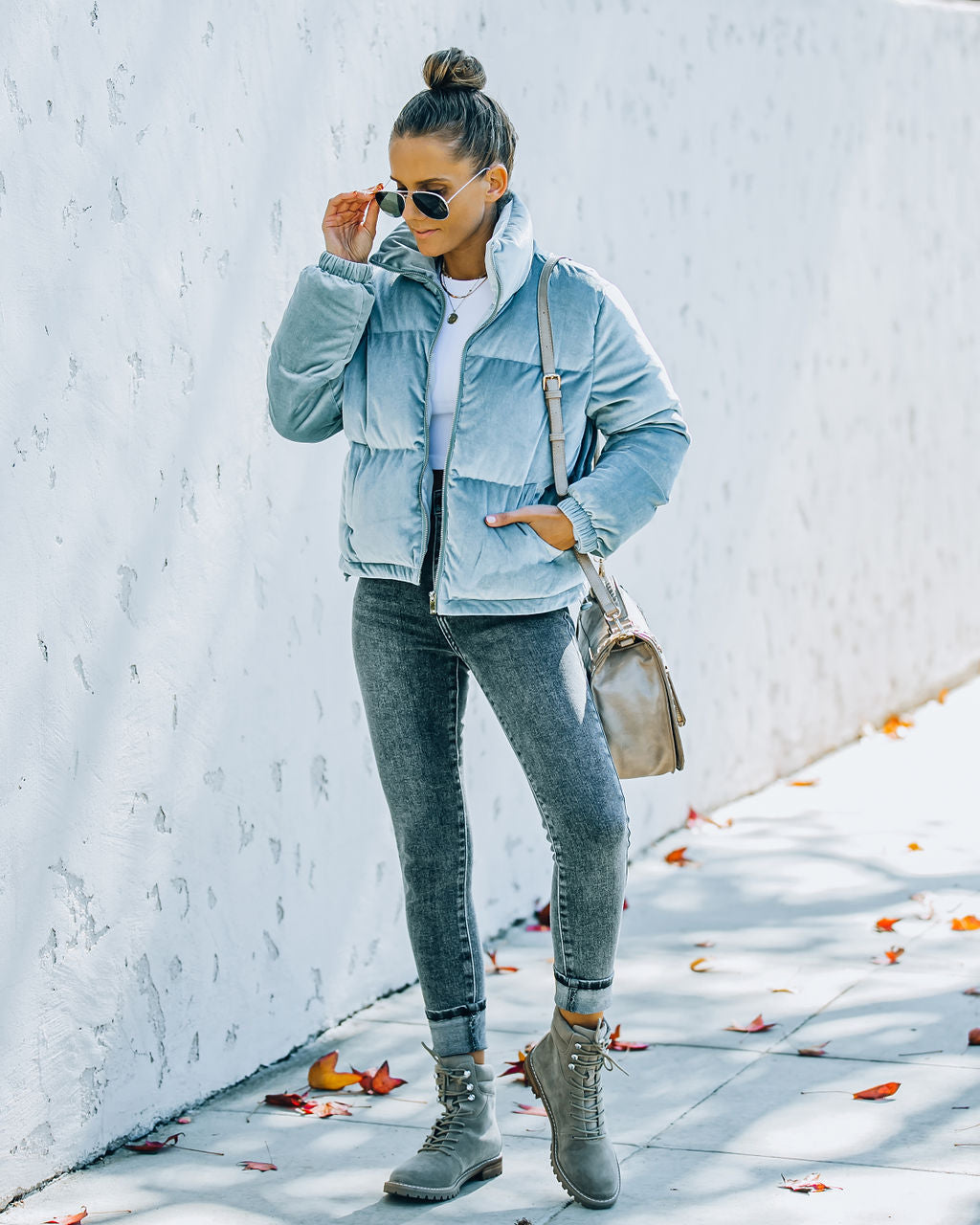 Powder Pocketed Velvet Puffer Jacket - Dusty Blue