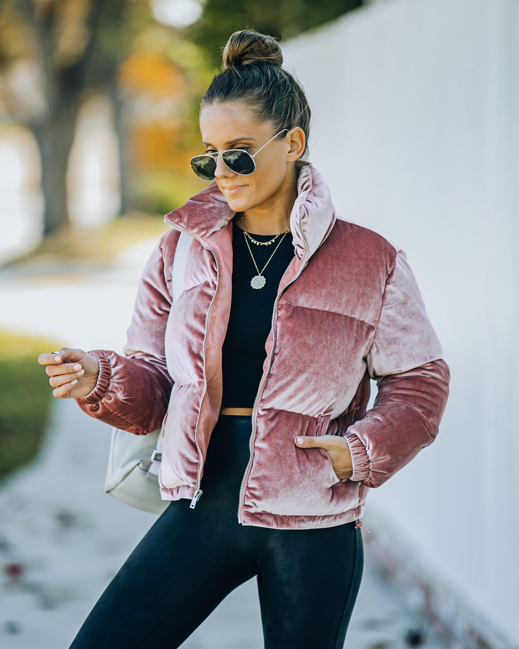 Powder Pocketed Velvet Puffer Jacket - Mauve