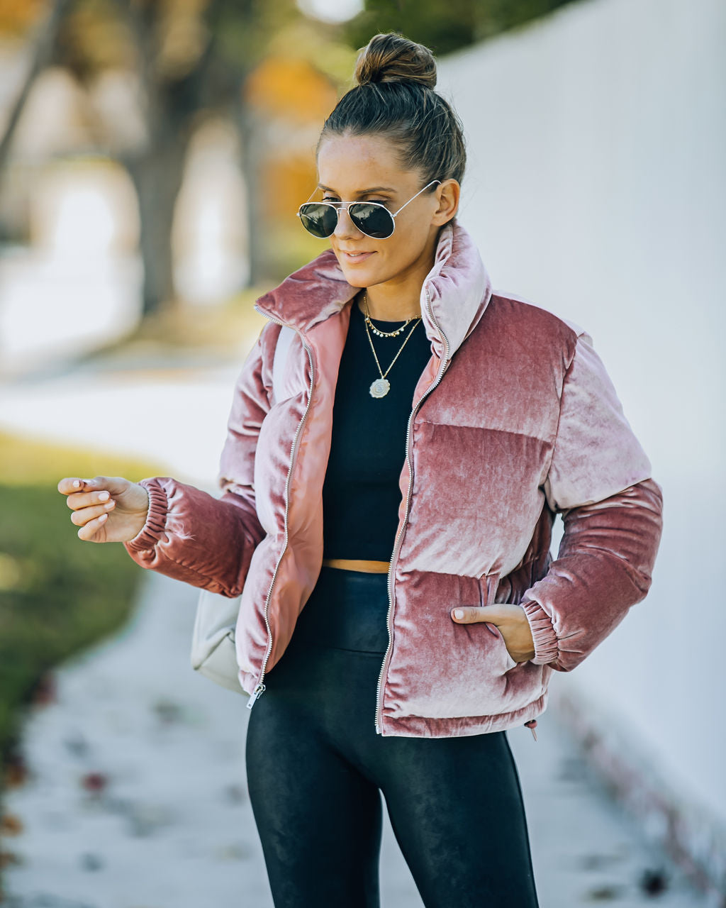 Powder Pocketed Velvet Puffer Jacket - Mauve