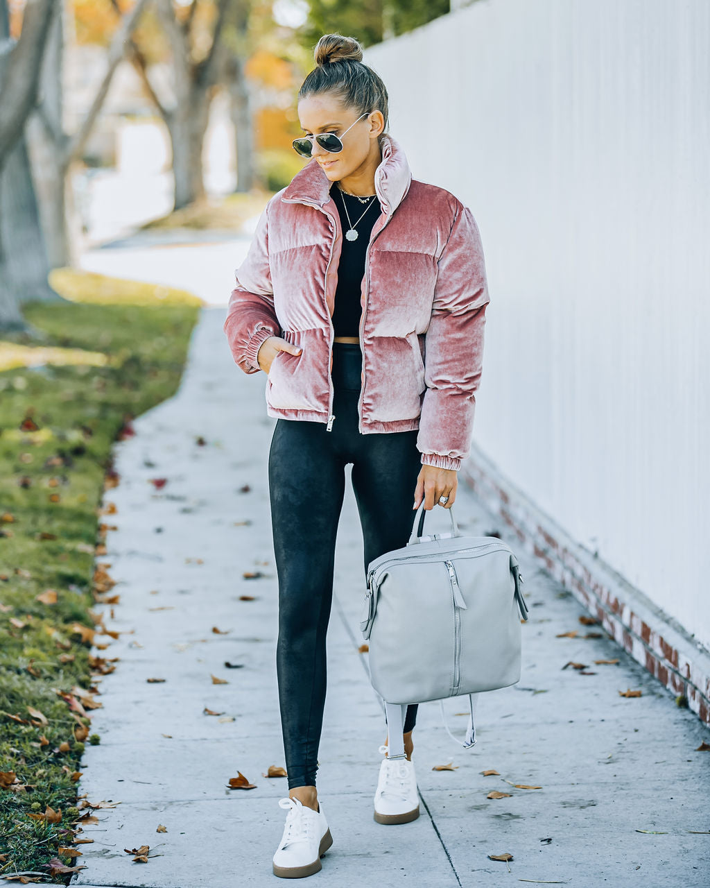 Powder Pocketed Velvet Puffer Jacket - Mauve