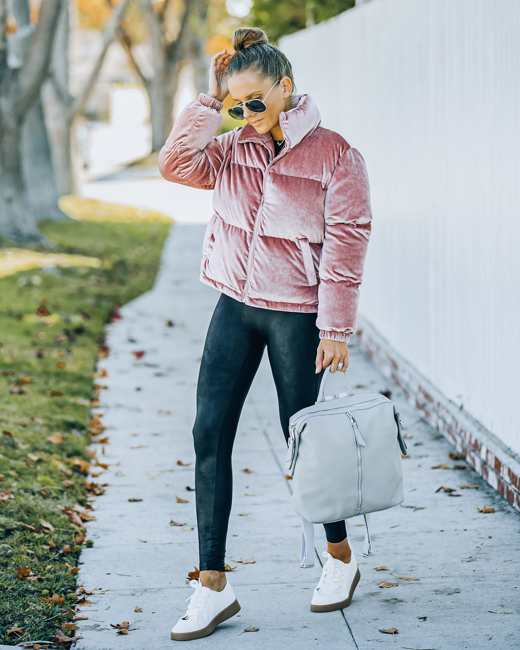 Powder Pocketed Velvet Puffer Jacket - Mauve