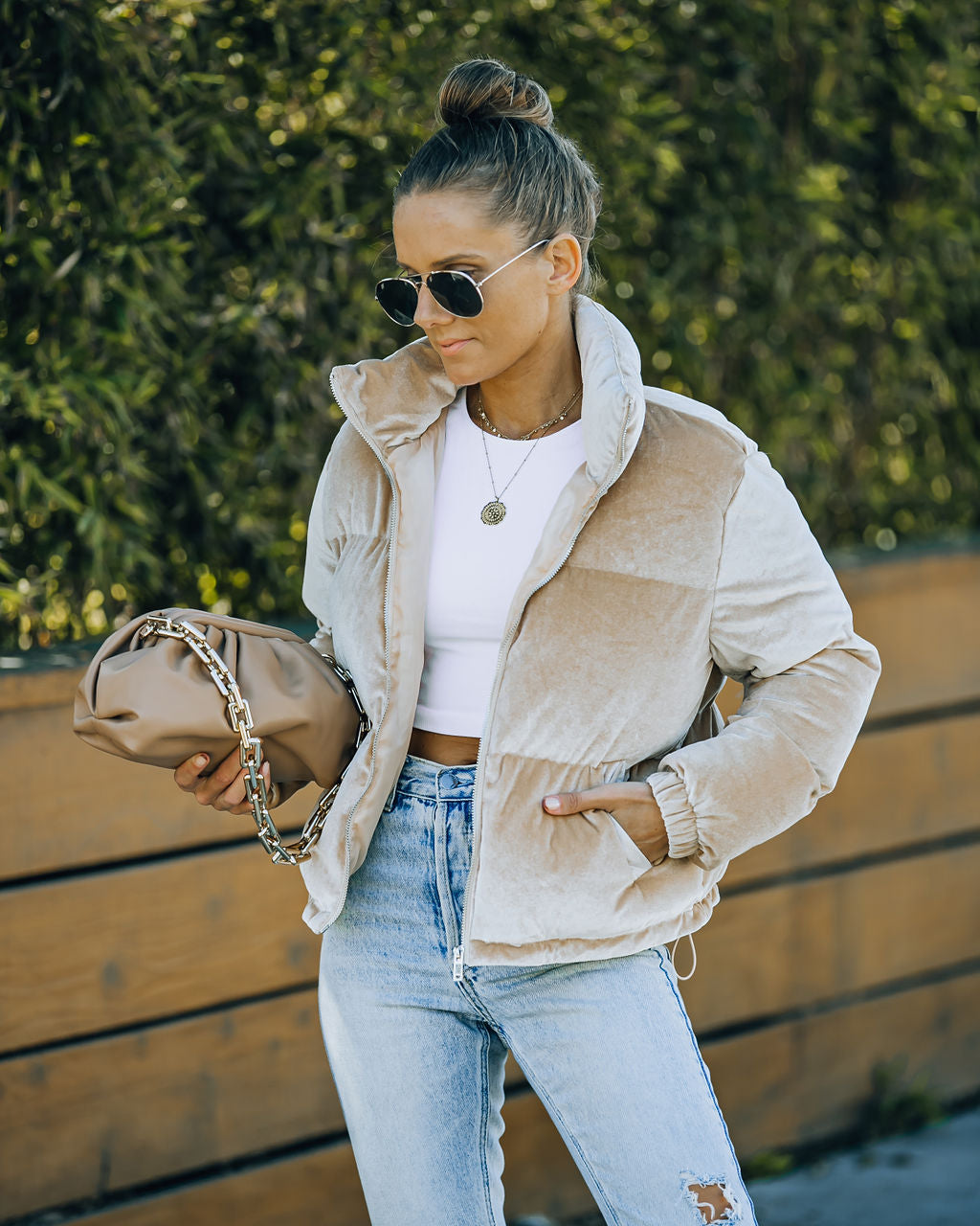 Powder Pocketed Velvet Puffer Jacket - Beige