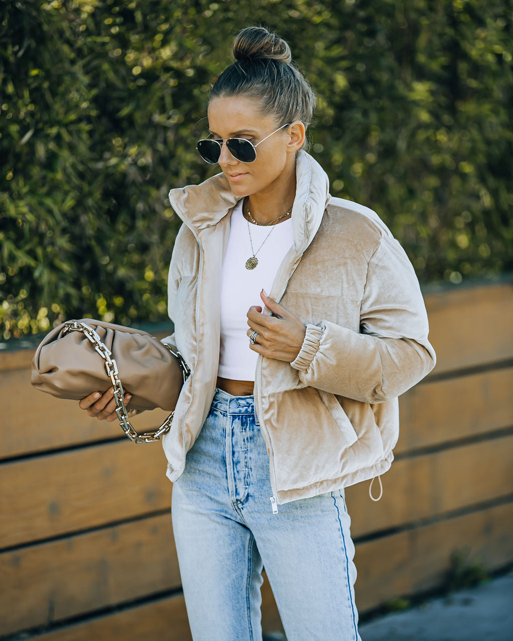 Powder Pocketed Velvet Puffer Jacket - Beige