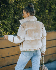 Powder Pocketed Velvet Puffer Jacket - Beige