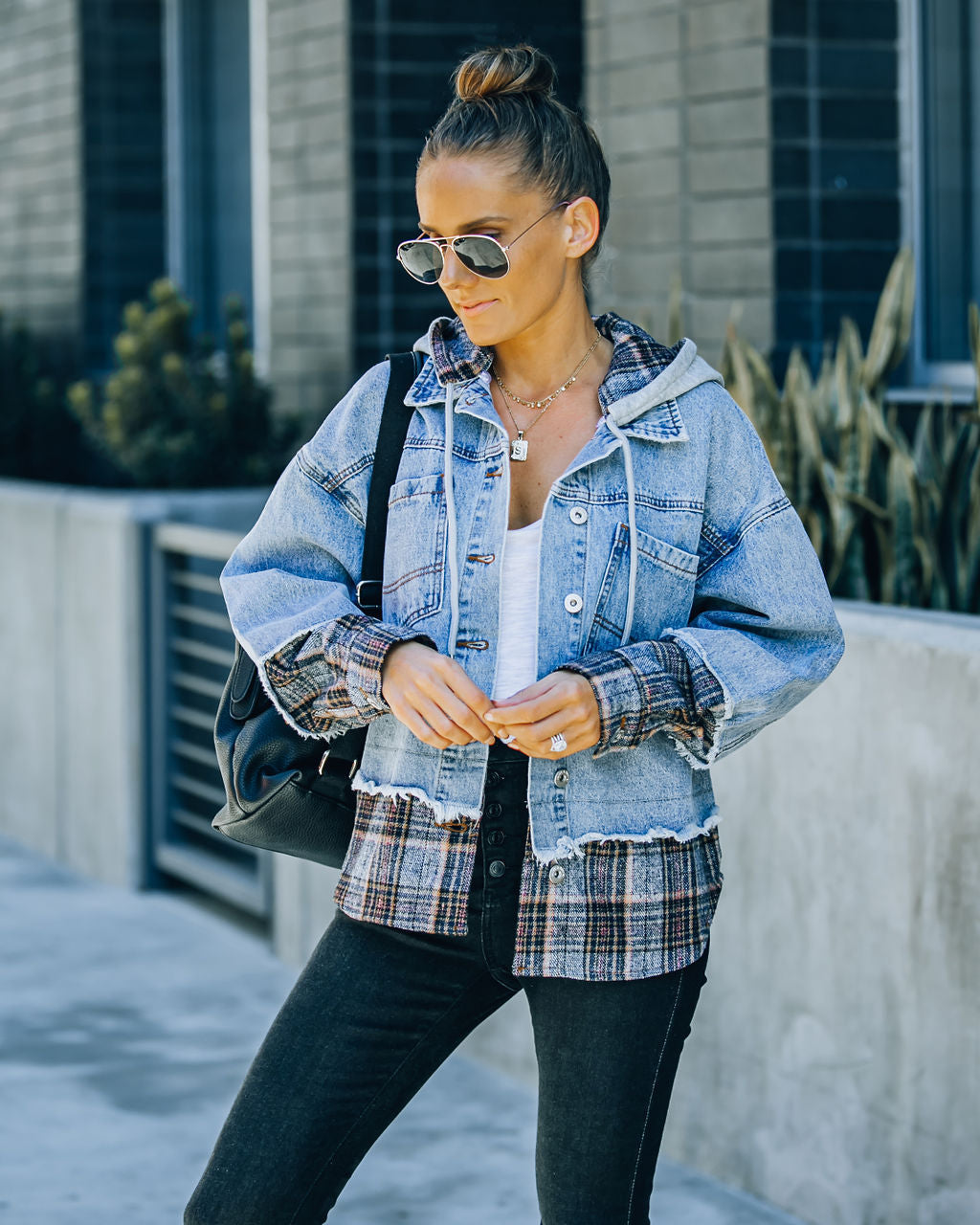 Adrien Contrast Plaid Hooded Denim Jacket