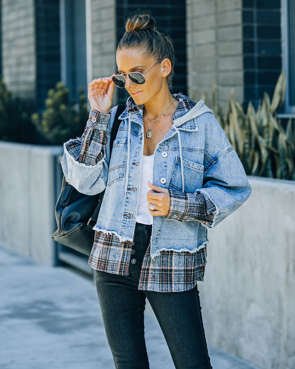 Adrien Contrast Plaid Hooded Denim Jacket