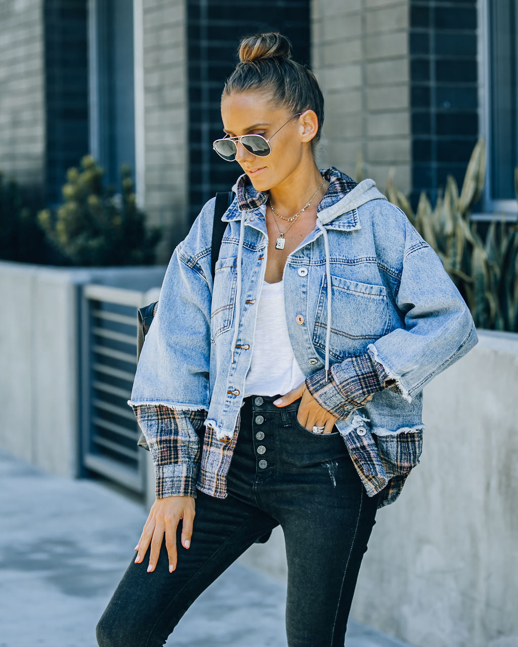 Adrien Contrast Plaid Hooded Denim Jacket