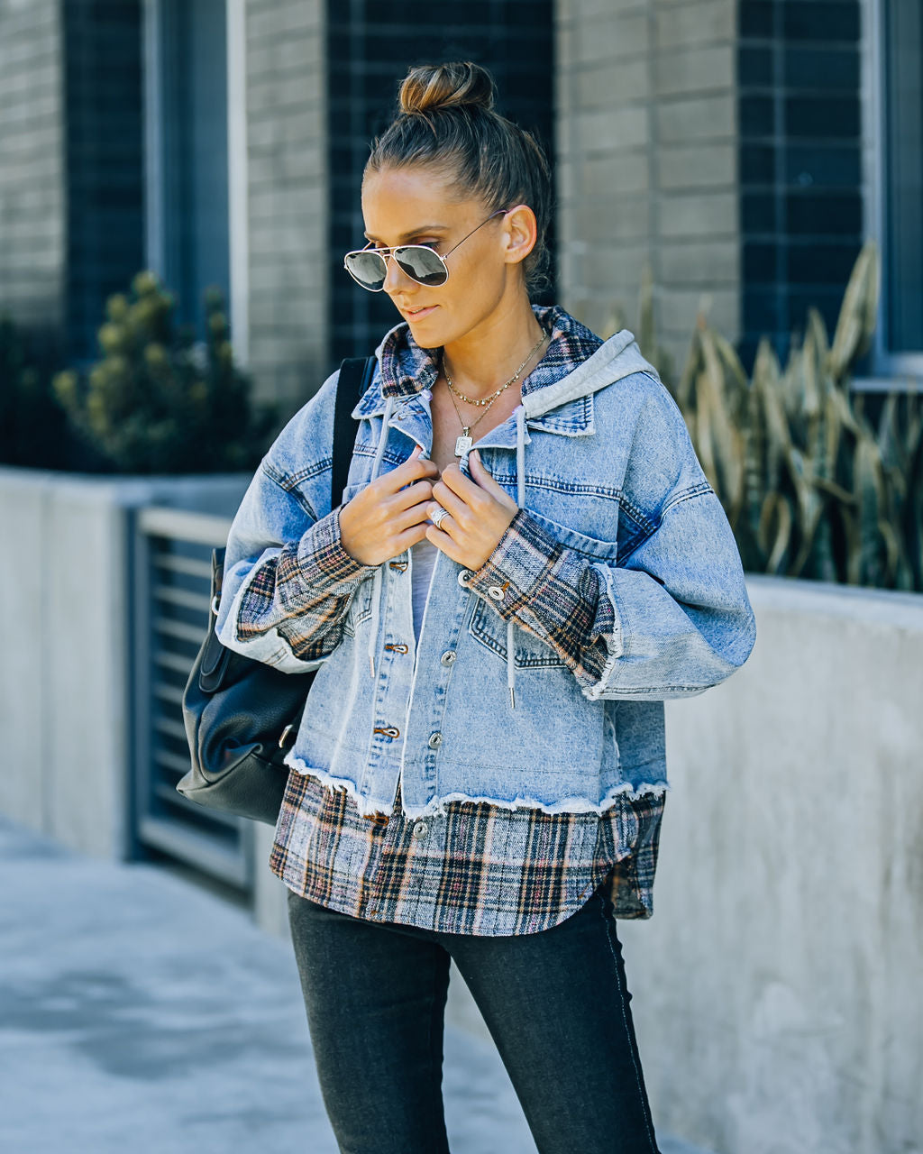 Adrien Contrast Plaid Hooded Denim Jacket