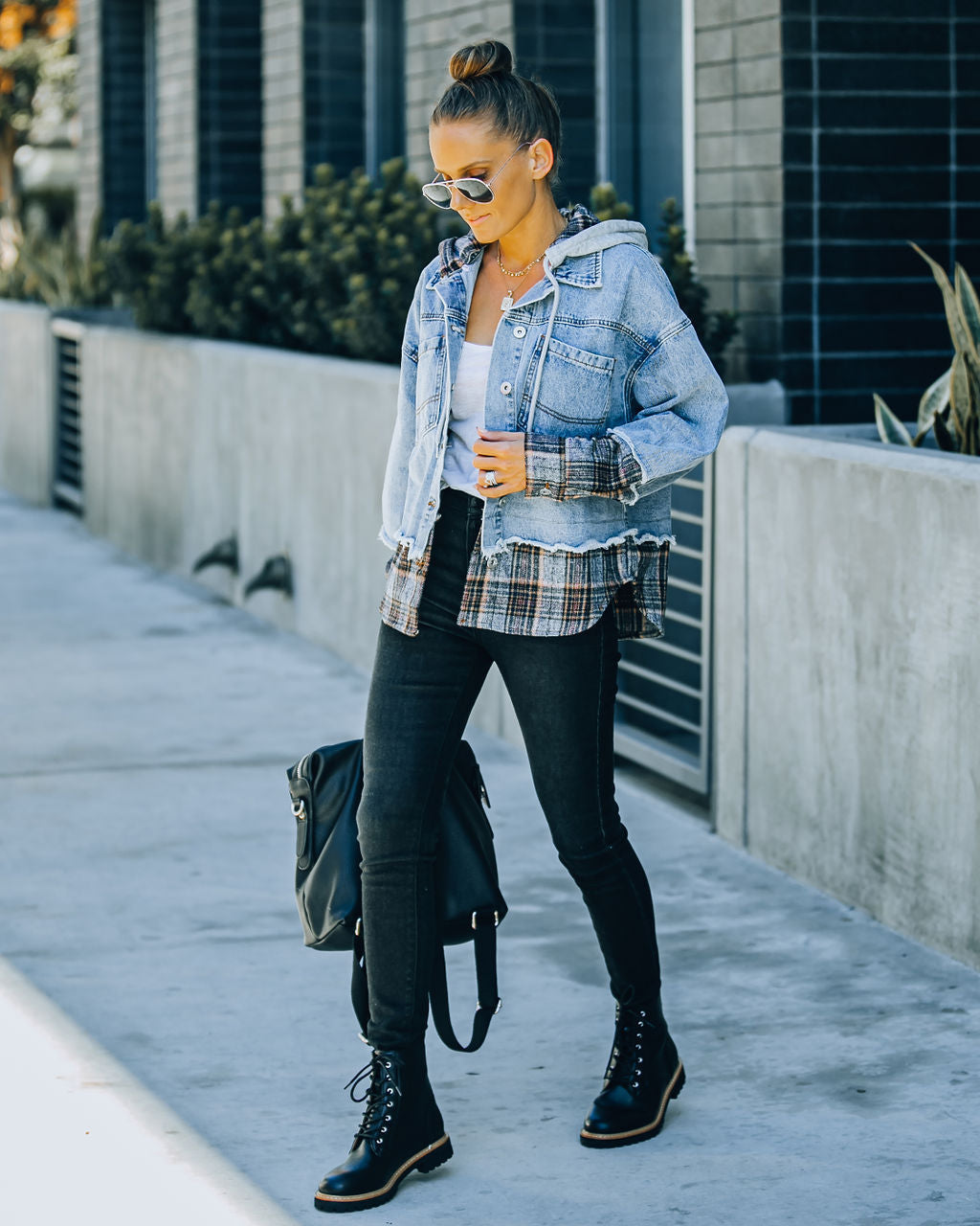 Adrien Contrast Plaid Hooded Denim Jacket