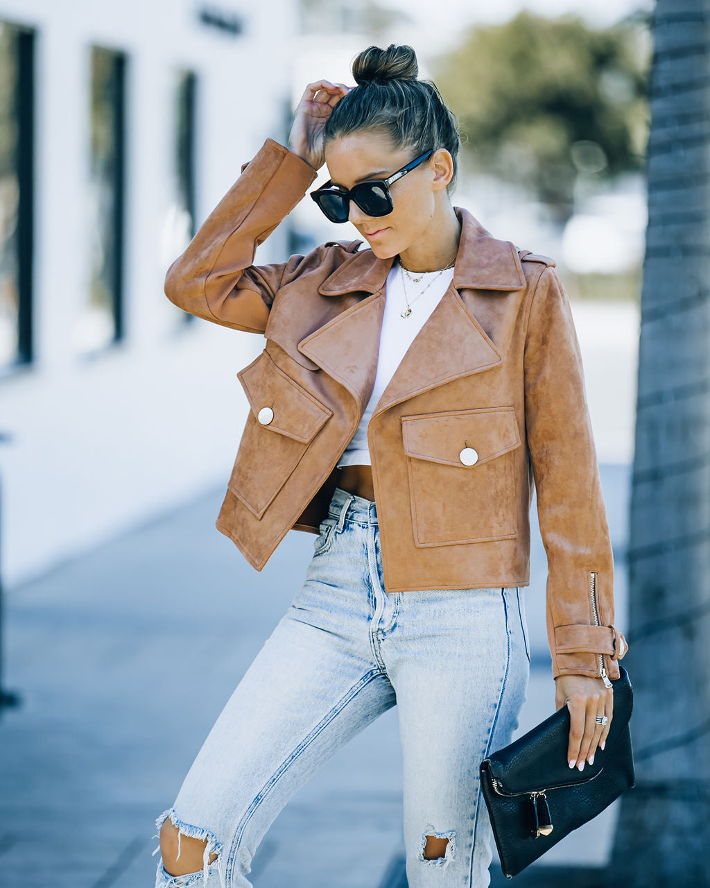 Hosanna Pocketed Faux Suede Jacket - Camel