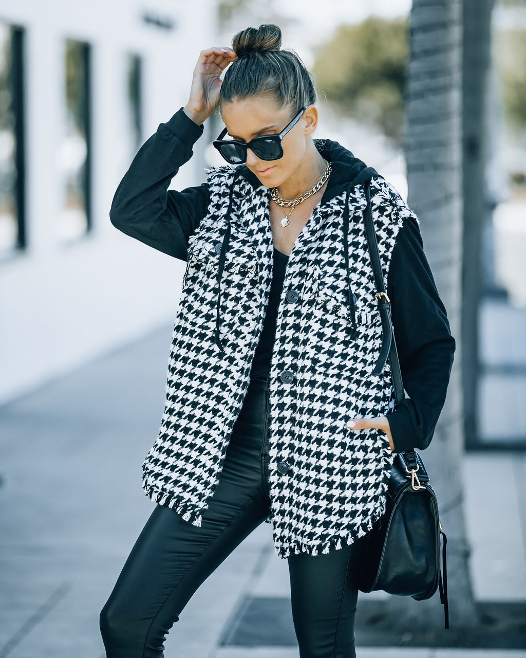 Jaysen Pocketed Houndstooth Hooded Shacket - Black