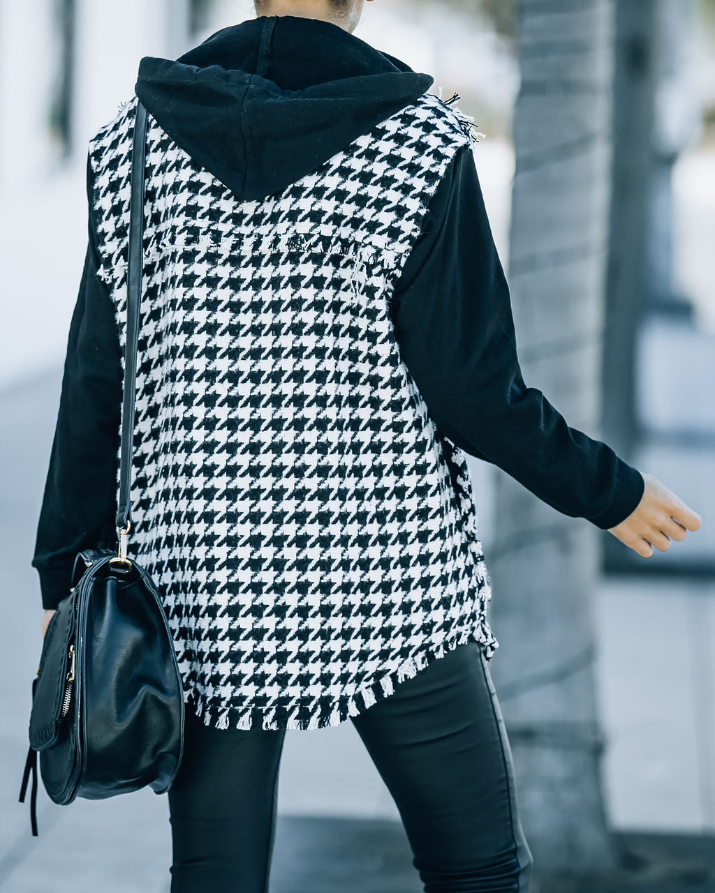 Jaysen Pocketed Houndstooth Hooded Shacket - Black