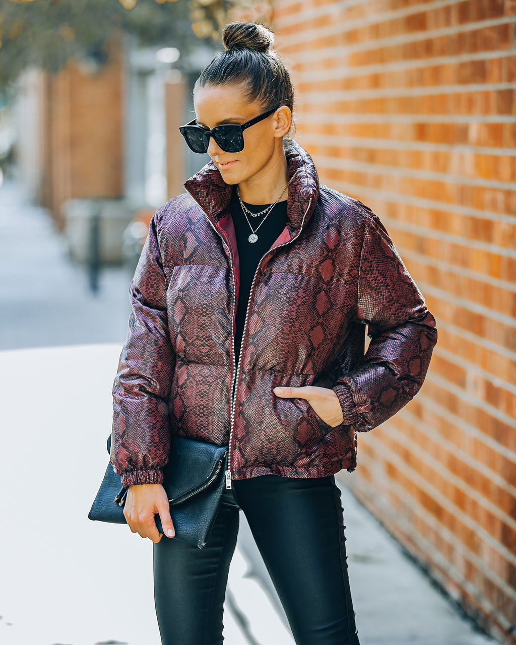 Giada Pocketed Python Puffer Jacket - Burgundy