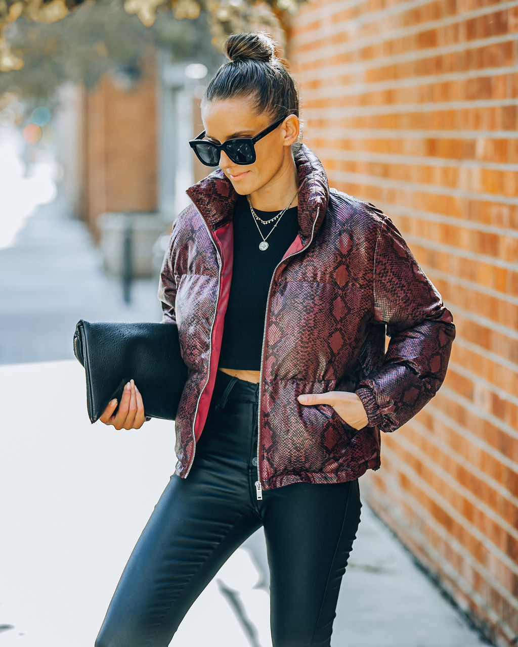 Giada Pocketed Python Puffer Jacket - Burgundy