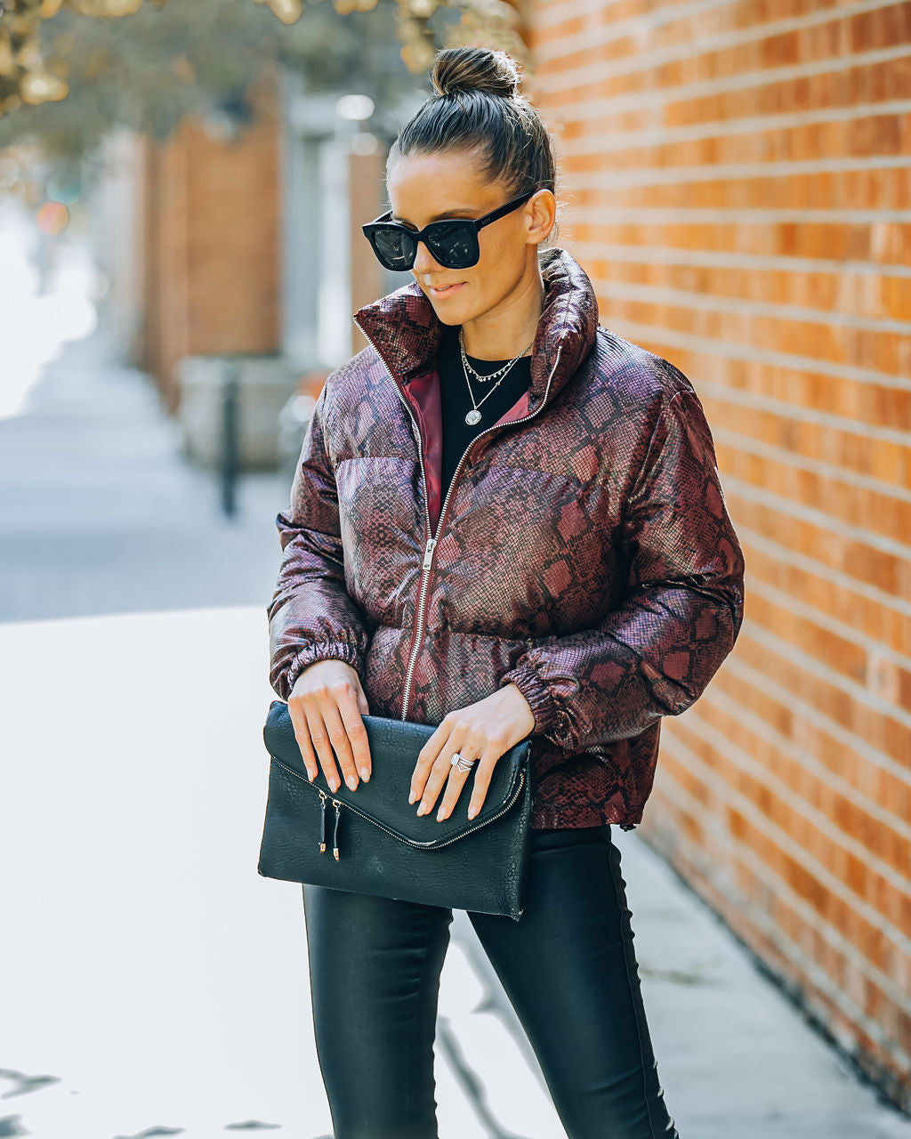 Giada Pocketed Python Puffer Jacket - Burgundy