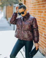 Giada Pocketed Python Puffer Jacket - Burgundy