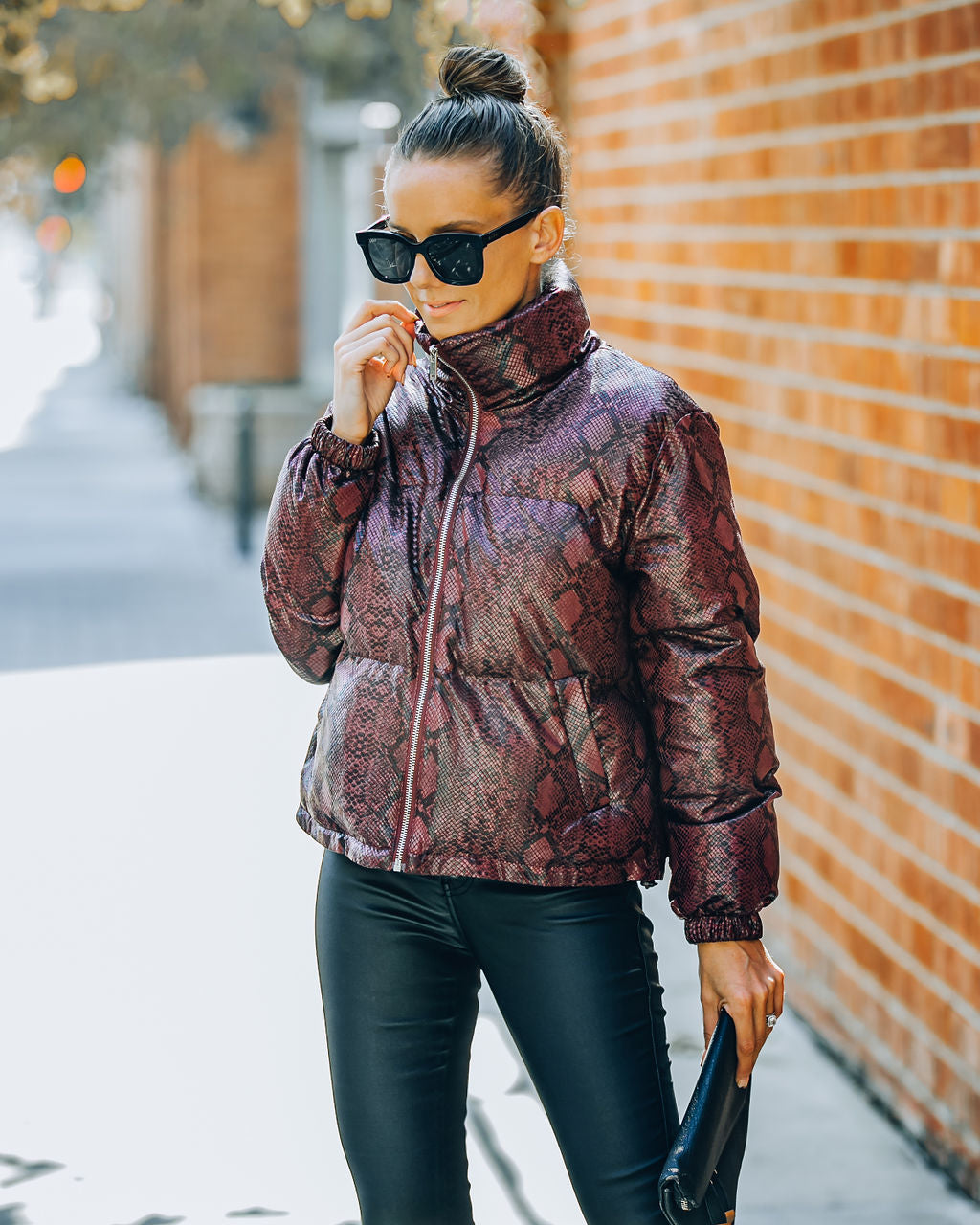 Giada Pocketed Python Puffer Jacket - Burgundy