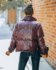 Giada Pocketed Python Puffer Jacket - Burgundy