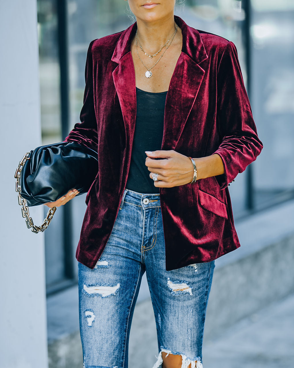 Claudia Velvet Ruched Sleeve Blazer - Burgundy