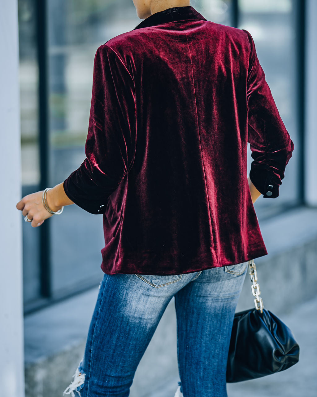 Claudia Velvet Ruched Sleeve Blazer - Burgundy