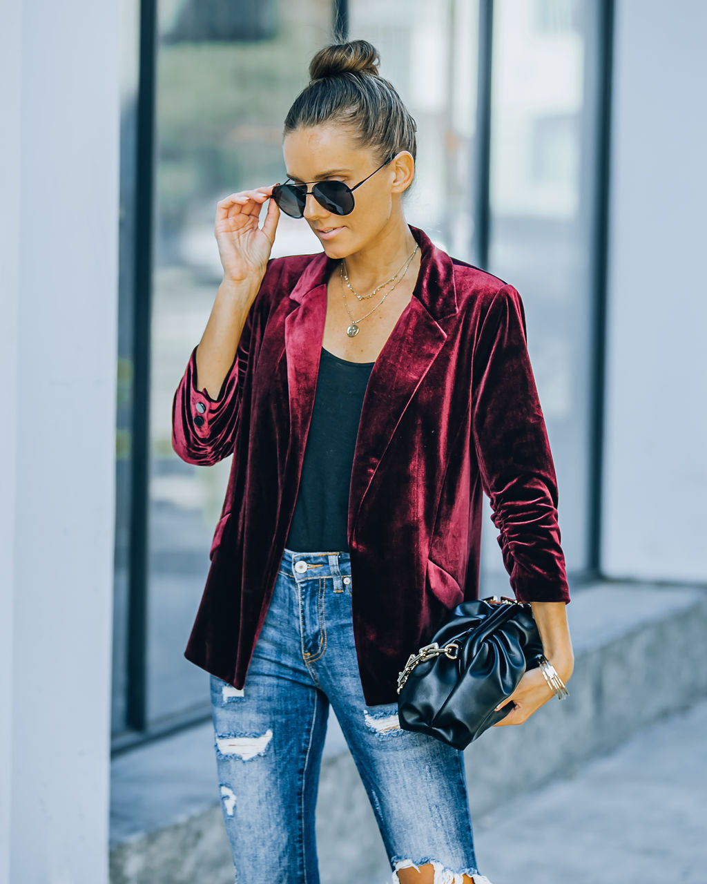 Claudia Velvet Ruched Sleeve Blazer - Burgundy