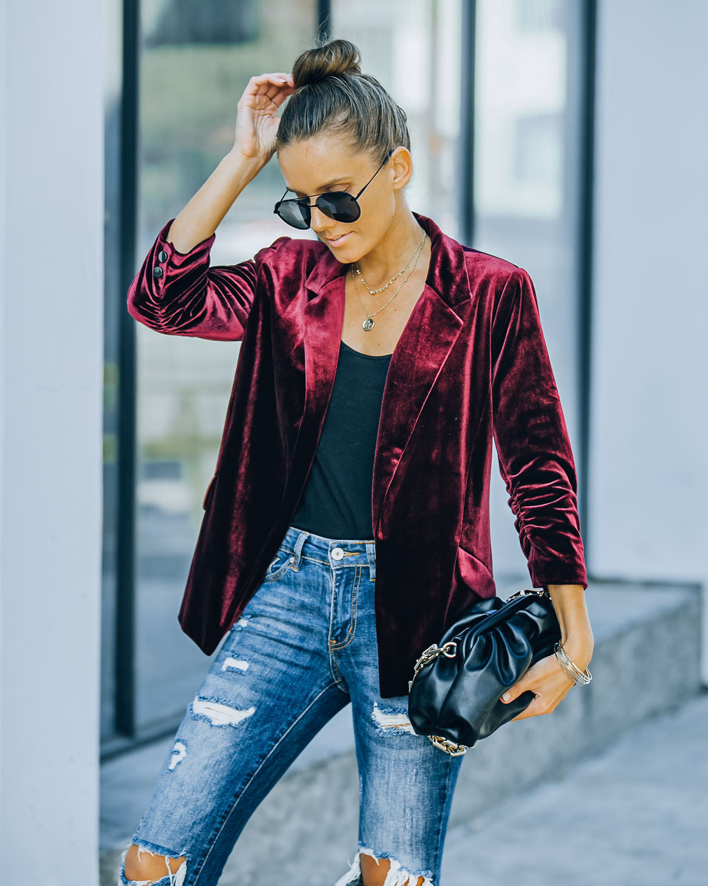 Claudia Velvet Ruched Sleeve Blazer - Burgundy