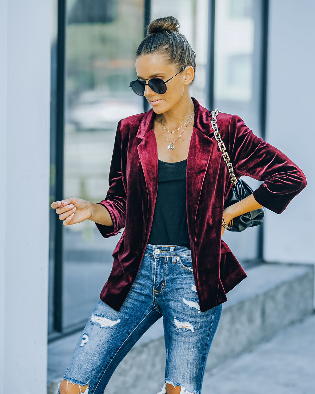 Claudia Velvet Ruched Sleeve Blazer - Burgundy