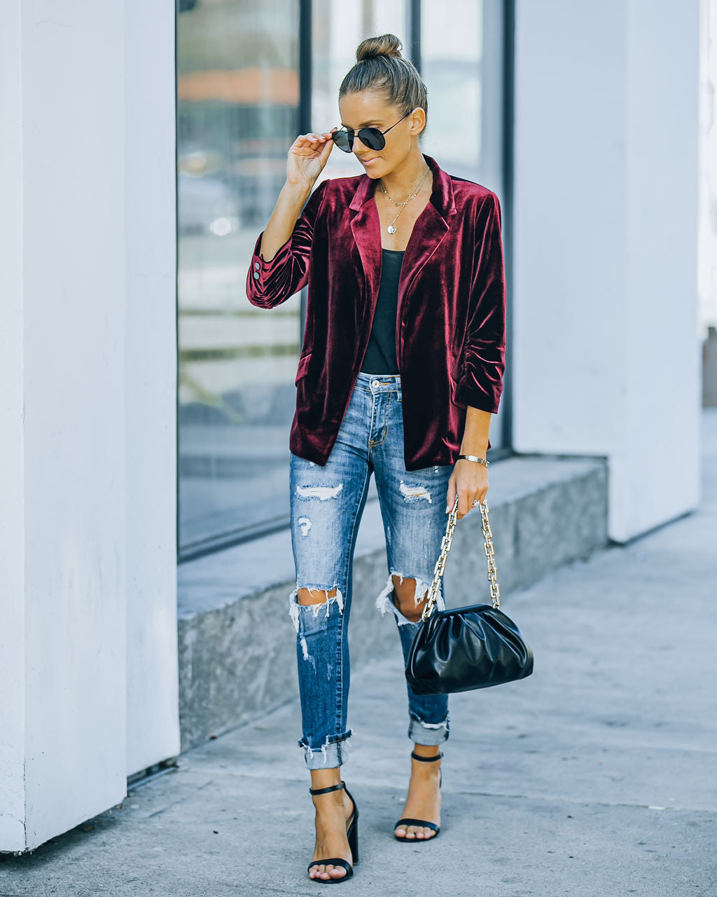 Claudia Velvet Ruched Sleeve Blazer - Burgundy