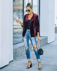 Claudia Velvet Ruched Sleeve Blazer - Burgundy