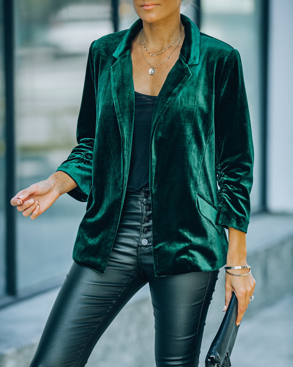 Claudia Velvet Ruched Sleeve Blazer - Hunter Green