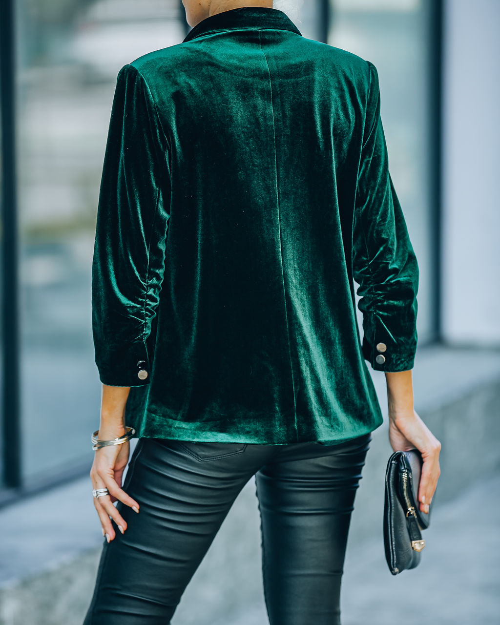 Claudia Velvet Ruched Sleeve Blazer - Hunter Green