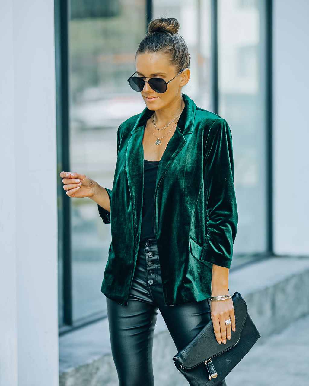 Claudia Velvet Ruched Sleeve Blazer - Hunter Green