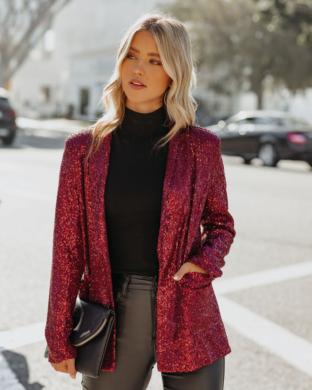 Festive Flair Pocketed Sequin Blazer - Burgundy