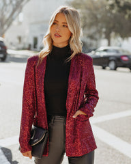 Festive Flair Pocketed Sequin Blazer - Burgundy