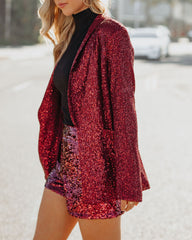 Festive Flair Pocketed Sequin Blazer - Burgundy