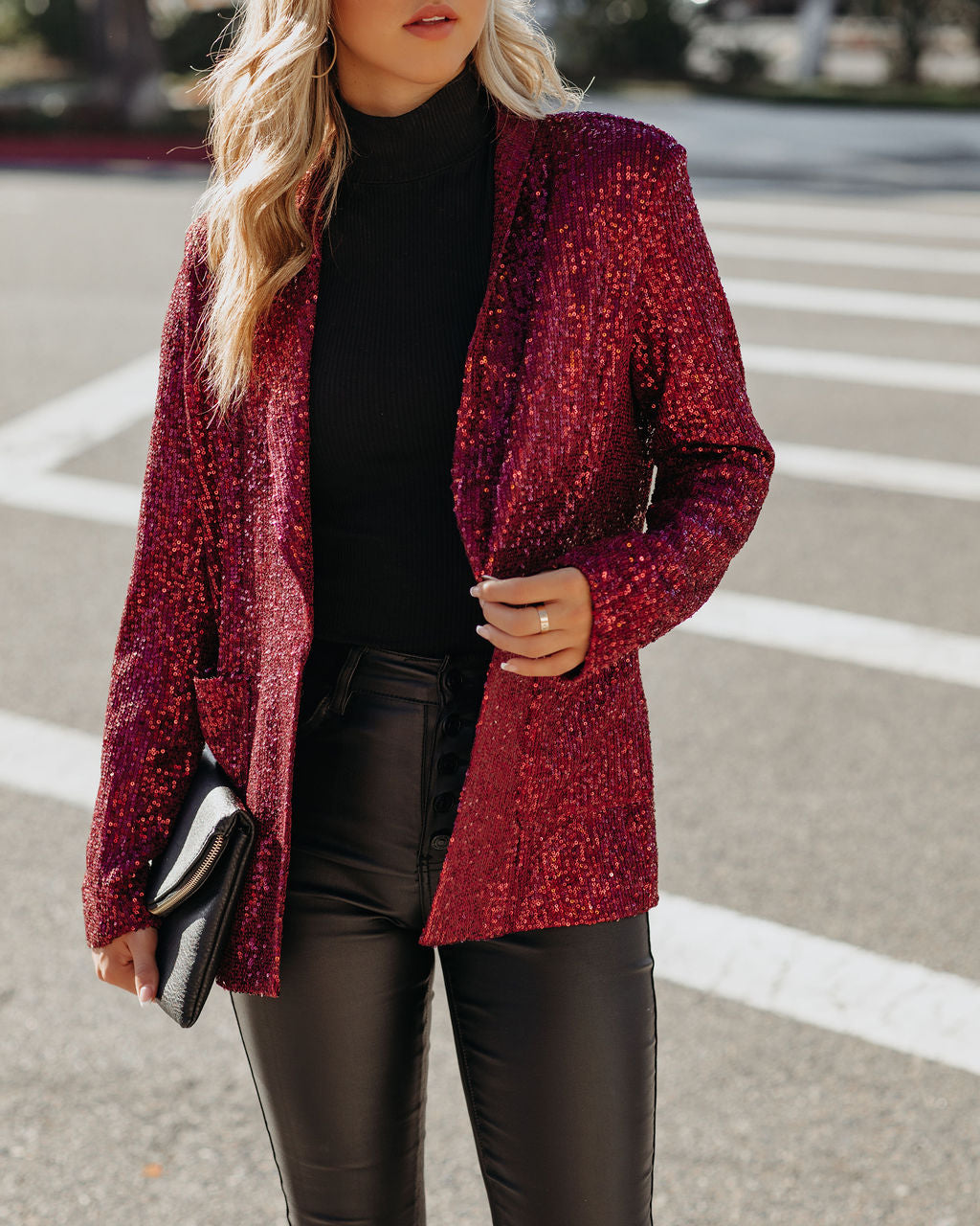 Festive Flair Pocketed Sequin Blazer - Burgundy