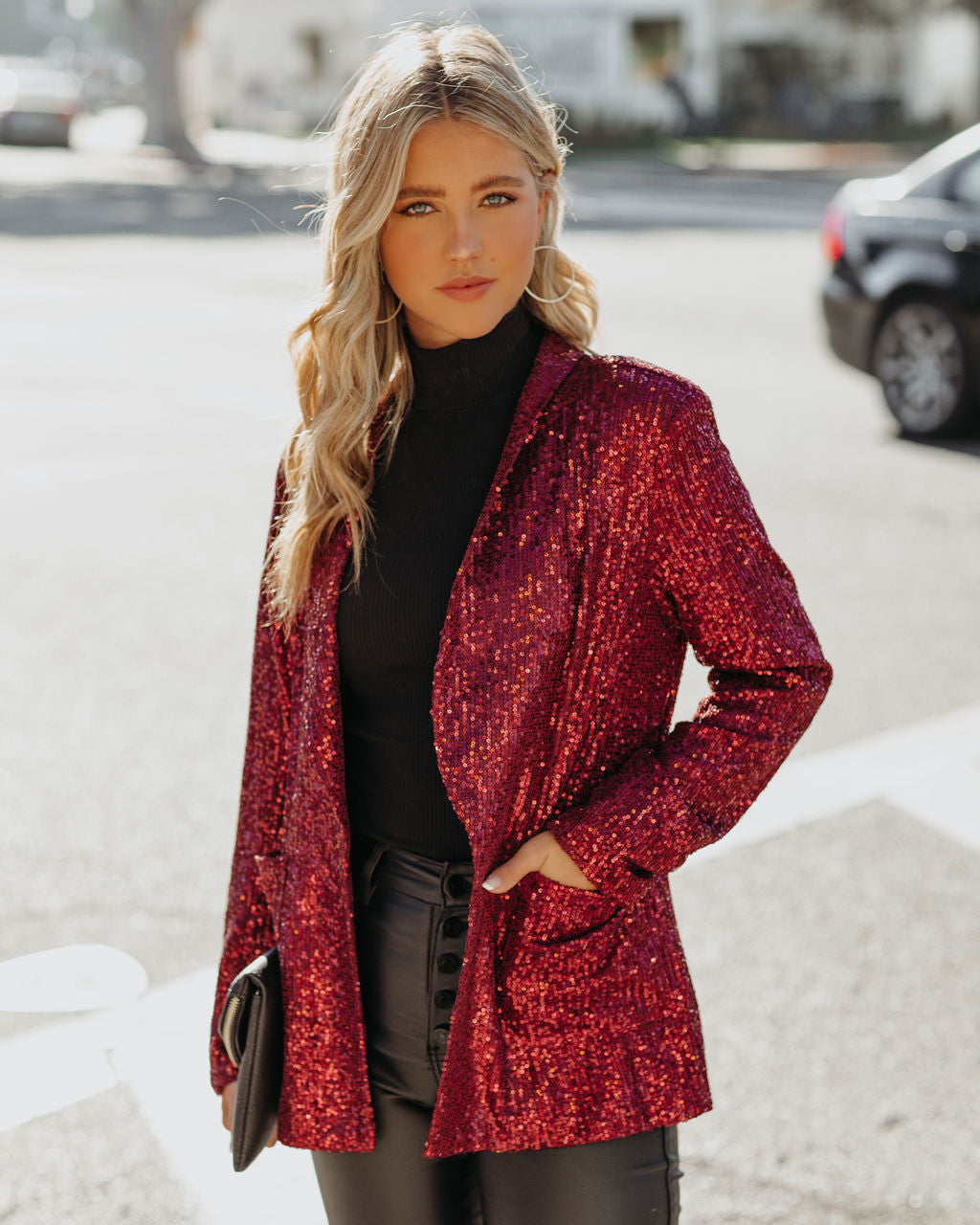 Festive Flair Pocketed Sequin Blazer - Burgundy