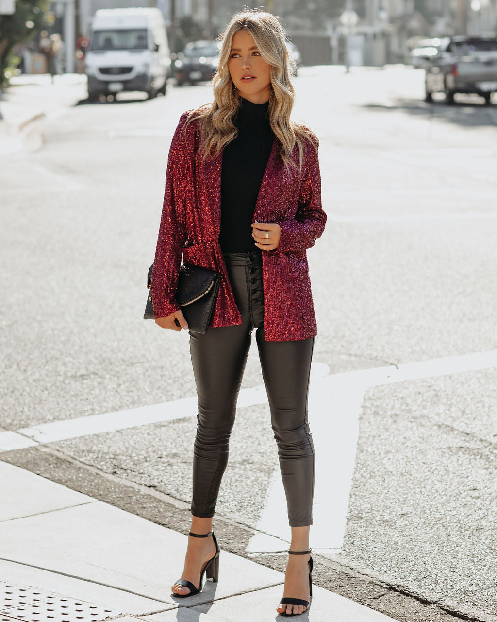 Festive Flair Pocketed Sequin Blazer - Burgundy