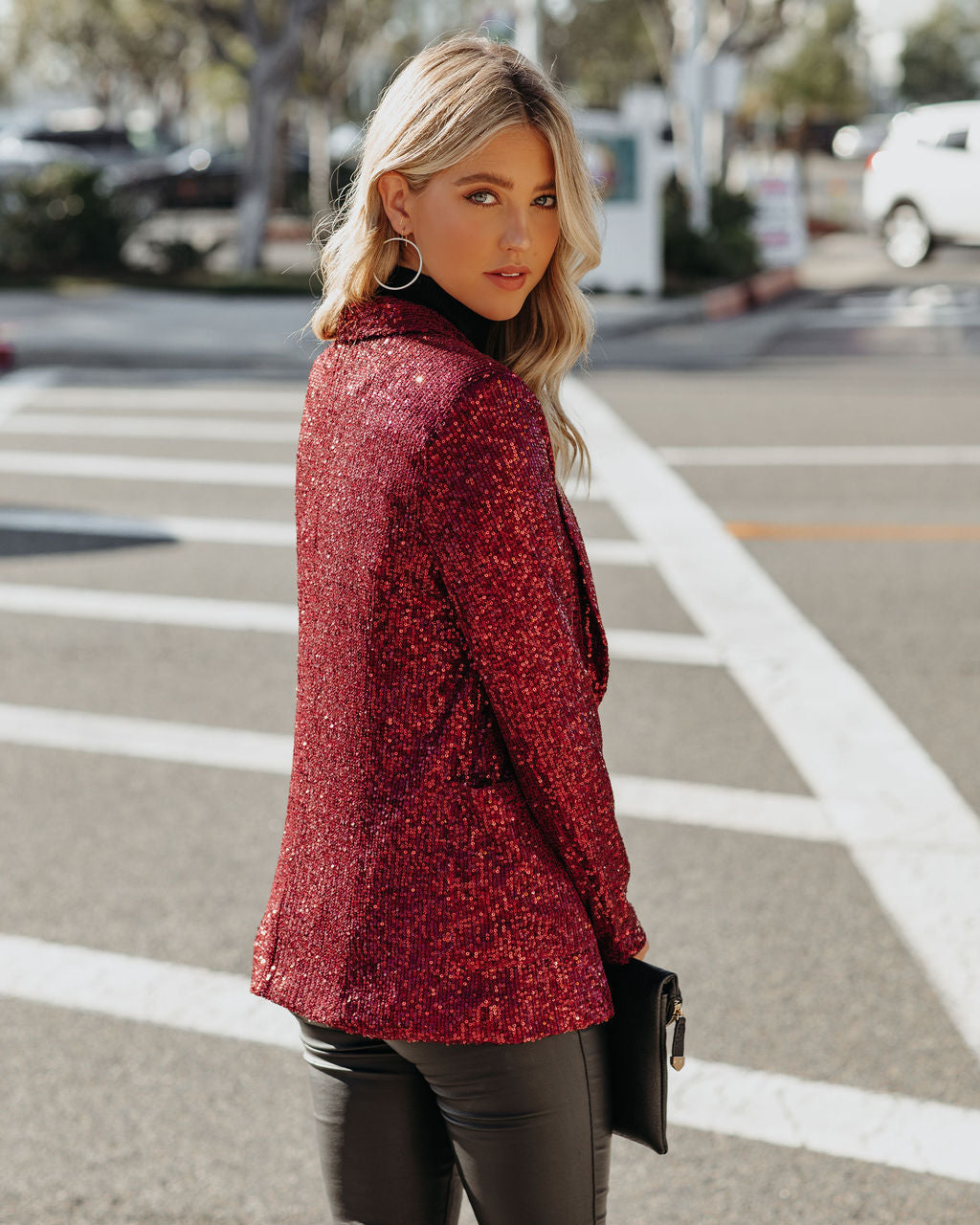 Festive Flair Pocketed Sequin Blazer - Burgundy